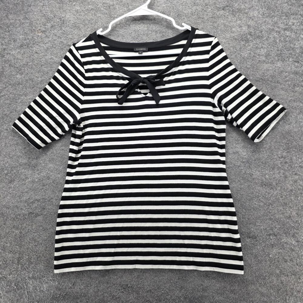 Talbots Shirt Womens Medium Black White Striped Bow Scoop Neck Stretch Knit